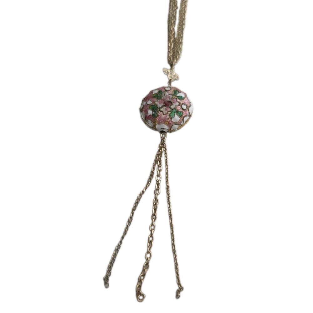 Vintage Gold Tone Enamel Cloisonné Necklace Flapper Pink Floral